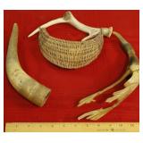 Carved Horn, Deer Antler with Basket, Horn