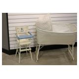 White Wicker Baby Bassinet with Folding Wheels