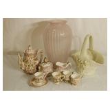 Ceramic Pink and White Teapot, Creamer, Sugar, Cup