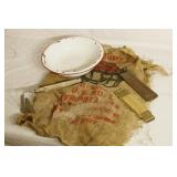 White Enamelware with Red Trim, Wood Folding Measu