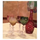 German Crystal Multi Colored Decanter with Glasses