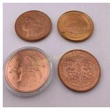 1 Ounce .999 Copper Rounds 4 Pc Lot Various/Styles