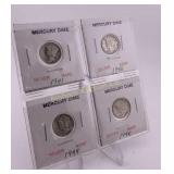 Mercury Silver  Dimes 1941-1945, 4 Coin Lot