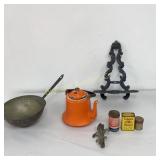 VTG Orange Enamelware Tea Pot, Colandar, Tins