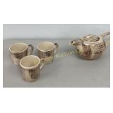 VTG Vernonware Barkwood Tea Pot & 3 Mugs 4 Pc Lot