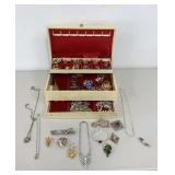 Jewelry Box w/ VTG Jewelry Brooch Pins, Necklaces,
