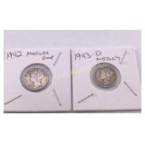 Mercury Silver Dime 1942 & 1943-D 2 Coin Lot