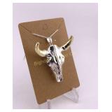 Silver Toned Longhorn Skull Pendant 2' Long