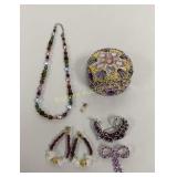 Beaded Trinket  Box w/ Contents: Earrings,
