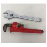 8' Pipe Wrench 10' Adjustable Wrench 2 PC Lot