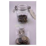 Old Jar w/ US & Foreign Coins Wheat Cents, Buffalo