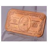 One Ounce Copper Bar U.S. $100 Bill Replica