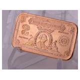 One Ounce Copper Bar Two Dollar Washington