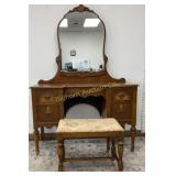 VTG Art Deco Style Vanity w/ Stool, 4 Drawers,
