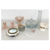 VTG Glass Items: Powder Jar Pink Candle Stick