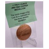 Colt 45 One Troy Ounce .999 Copper Medallion