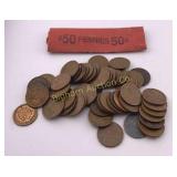 Roll of Indian Head & Wheat Cents 50 PC Lot