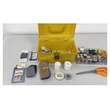 Sewing Box w/ Contents: Thimbles, Thread, Folding