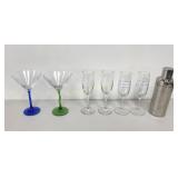 Cocktail Shaker, 2 Colorize Stem Martini Glasses