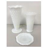 VTG Milk Glass Vases & Dish 3 Pc Lot
