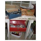 Wooden tables with misc garage items