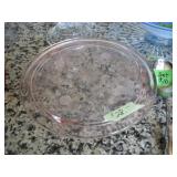 Pink Depression glass cake platter