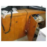 Wooden cabinet with misc garage contents