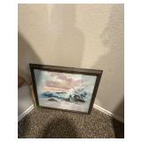 Framed Ocean on Rocks painting
