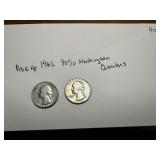 Pair of 90% Silver 1962 US Washington quarters