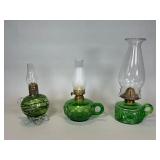 Three Green Glass Finger Oil Lamps