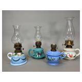 Four Hand-Painted Glass Oil Lamps