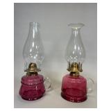 Two Cranberry Glass Kerosene Finger Lamps