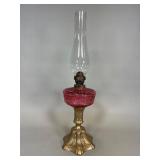 Cranberry Glass Oil Lamp on Metal Base