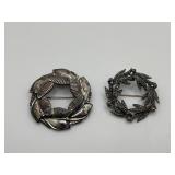 Two Sterling Silver Wreath Pins