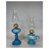 Blue Glass Oil Lamps with Chimneys