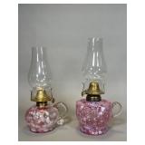 Two Pink Spatter Glass Oil Lamps w/ Chimneys