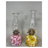 Spatter Glass Oil Lamps, Pink and Yellow