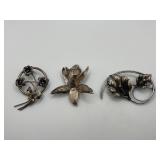 Three Sterling Floral Motif Pins