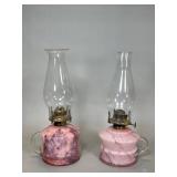 Two Pink Spatter Glass Oil Lamps