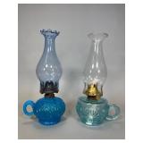 Blue Glass Oil Lamps with Chimneys