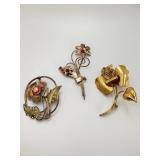 3 Sterling Silver Floral Pins with Rhinestones