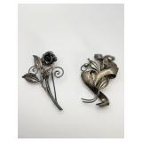 2 Sterling Silver Floral Pins Rose & Lily