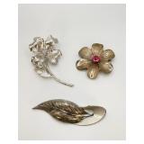 3 Sterling Silver Pins Floral and Leaf Motif