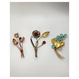 3 Sterling Floral Pins With Rhinestones