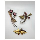 3 Sterling Silver Floral Pins, Mixed Stones