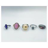 Five Sterling Silver Rings, Size 5.5-8.5