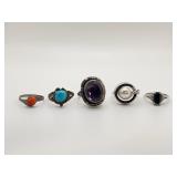 5 Sterling Silver Rings, Glass and Faux Stones