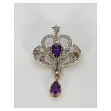 10k Gold Pendant Brooch with Amethyst and CZ