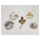 5 Sterling Silver Floral & Leaf Pins