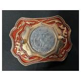 Belt buckle one dollar coin, red trimmed in gold